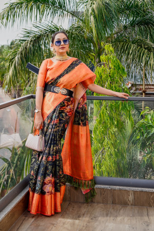 Orange Vichitra Silk saree With Fancy Lace and jacquard Blouse Piece. -  VALAM PRINTS - 3488454
