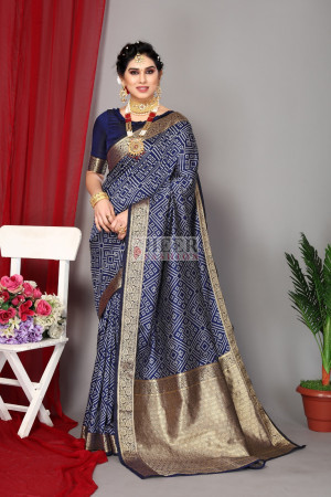 Navy blue color banarasi silk saree with zari weaving work