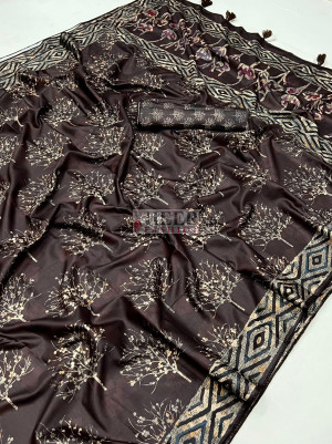 Brown color dola silk saree with batik printed work