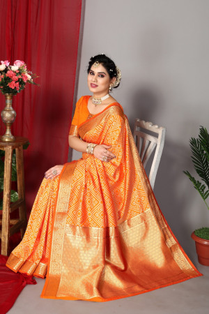 Orange matka silk with zari checks and wide zari temple border Saree