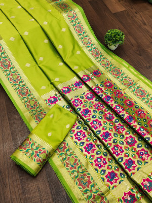 Silk Cotton Embossed Parrot Green Saree – Kumaran Silks