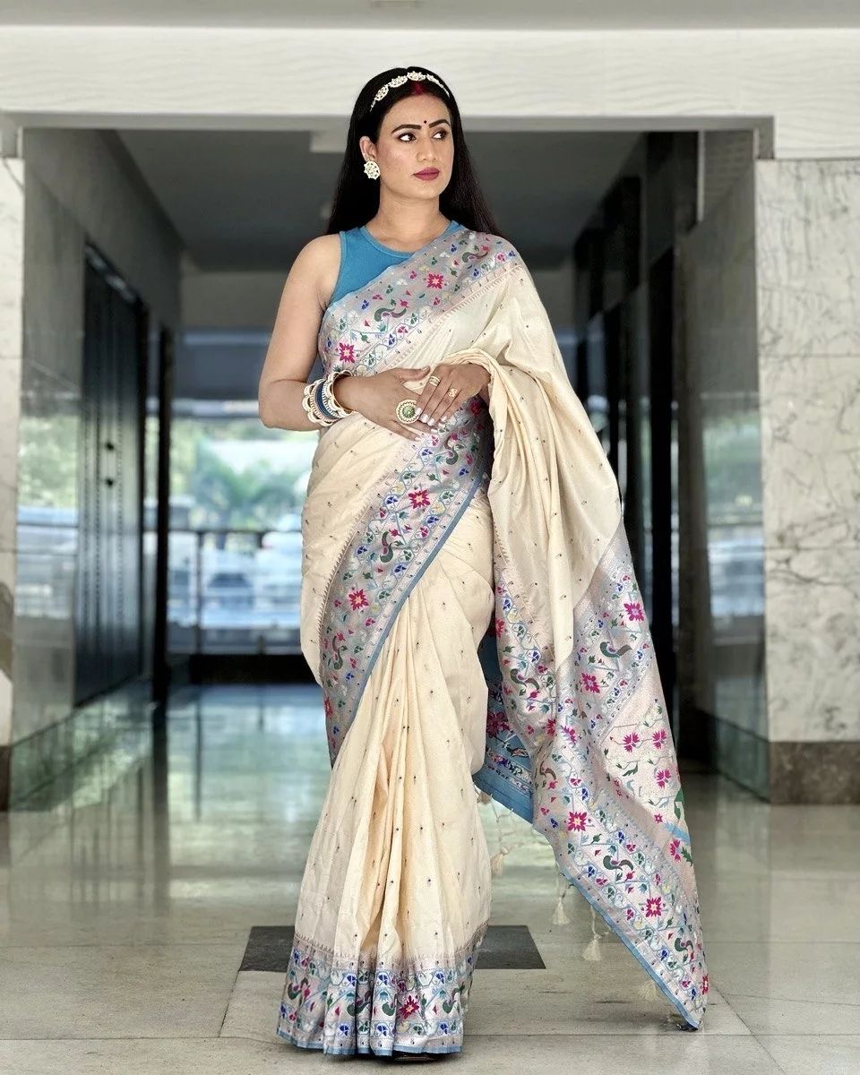 Paithani Silk Fabric Off White Color Weaving Work Festive Wear Saree
