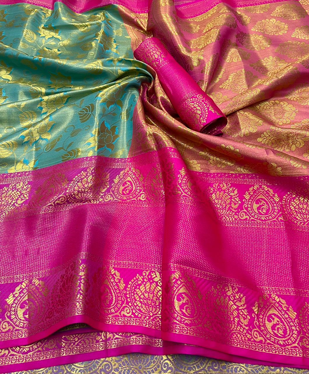 Soft Silk Floral Print Sky Blue And Pink Saree