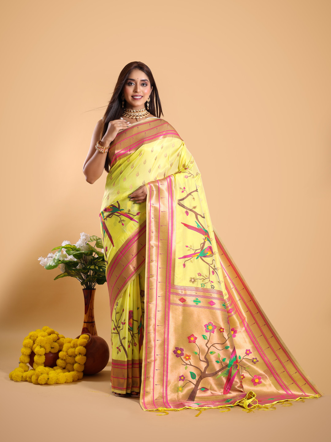 Yellow color paithani sarees with flower design and muniya border  -PTNS0005082