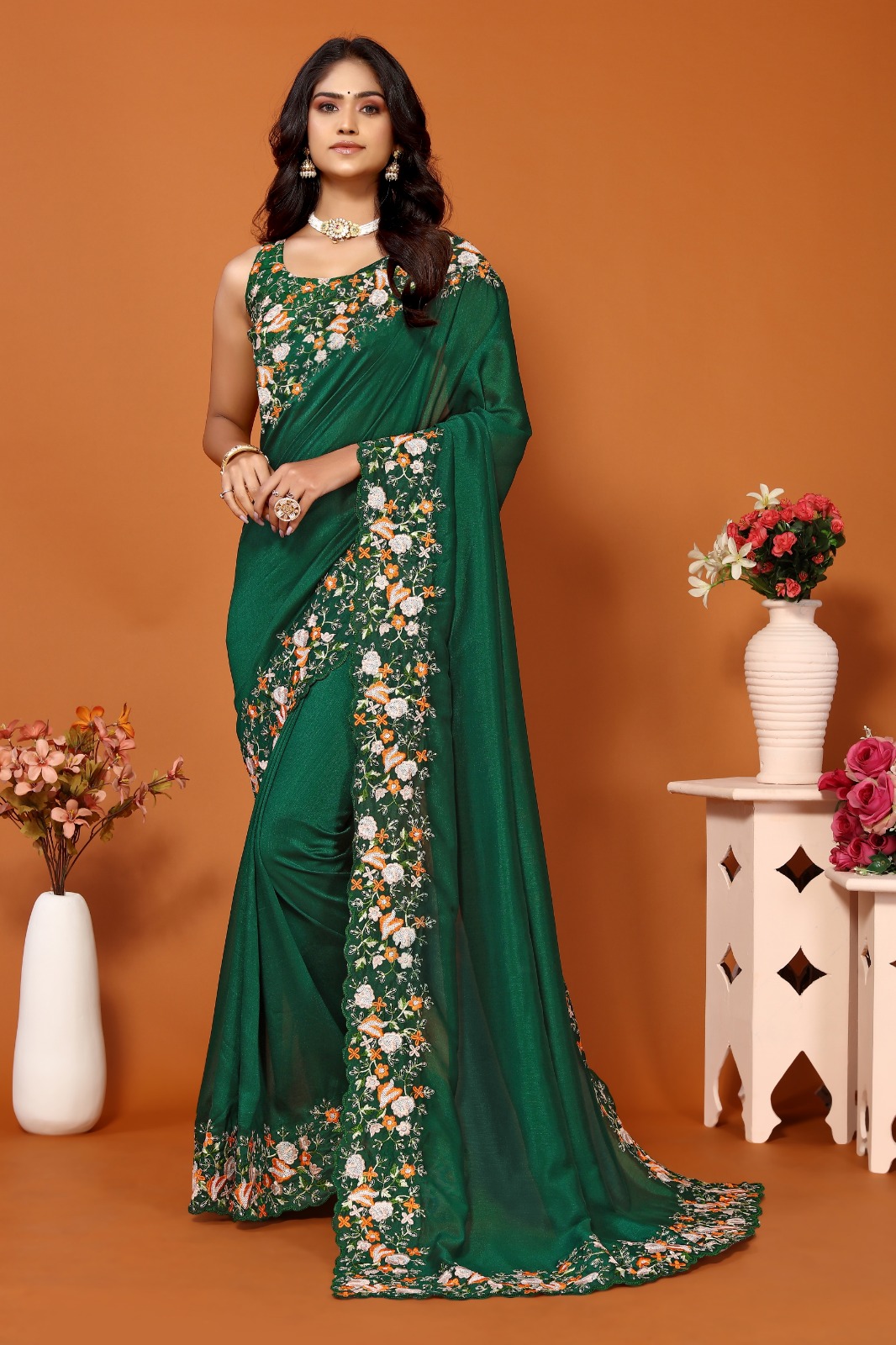 Green color vichitra silk saree with embroidery work