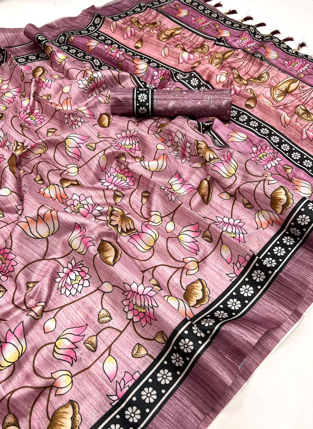 Pink color tussar silk saree with digital printed work