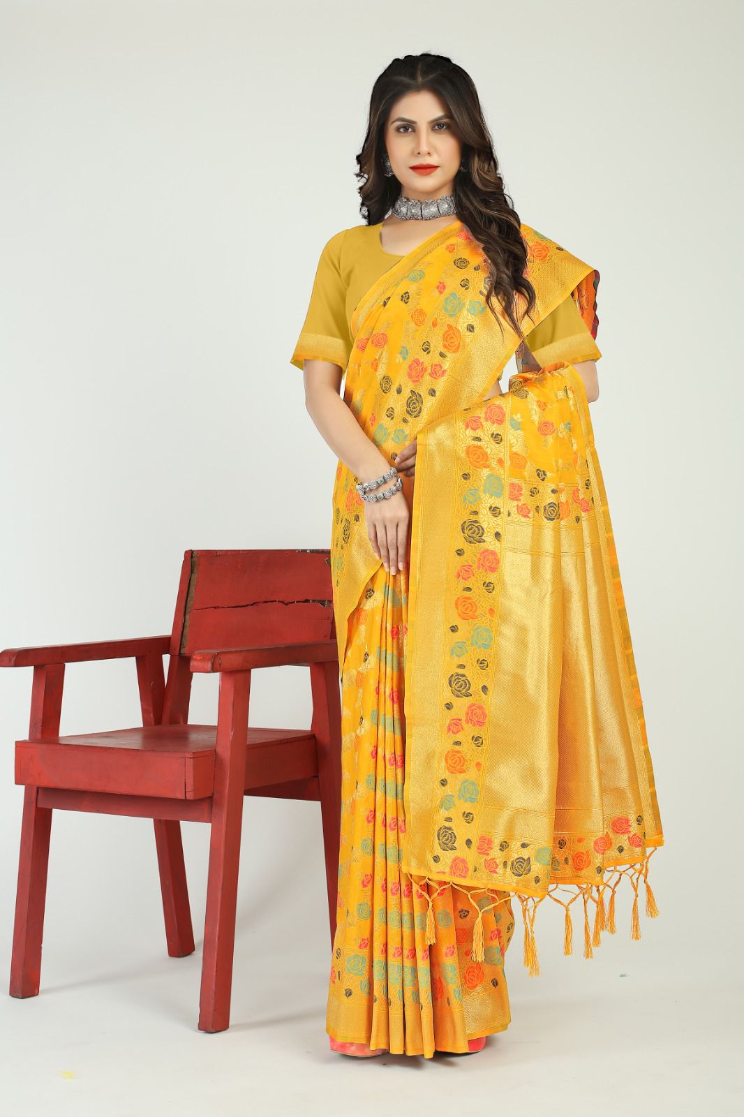 Yellow color banarasi silk saree with zari weaving work
