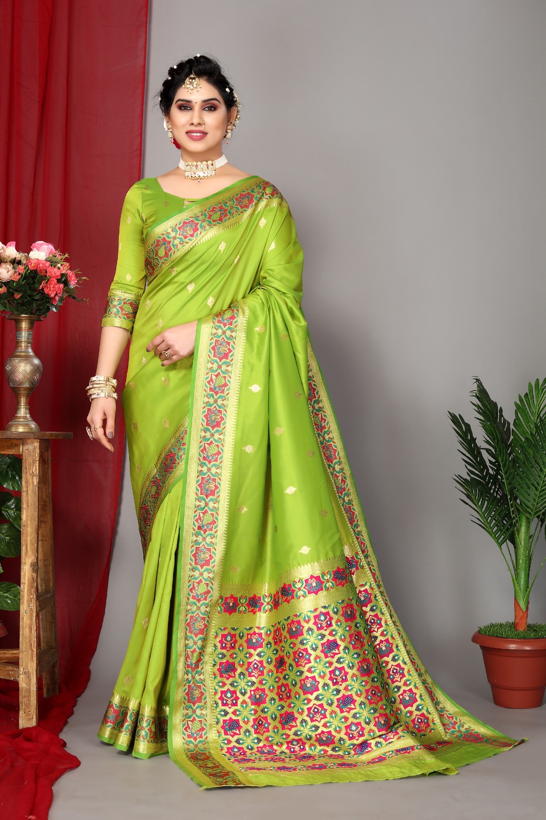 Parrot green color banarasi silk saree with zari weaving work