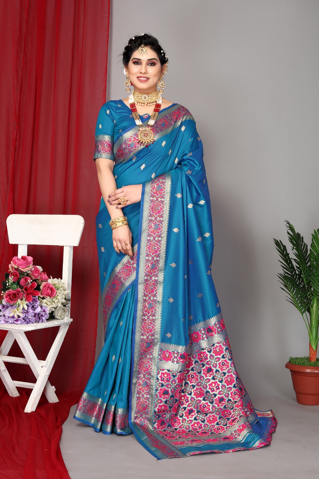 Firoji color banarasi silk saree with zari weaving work