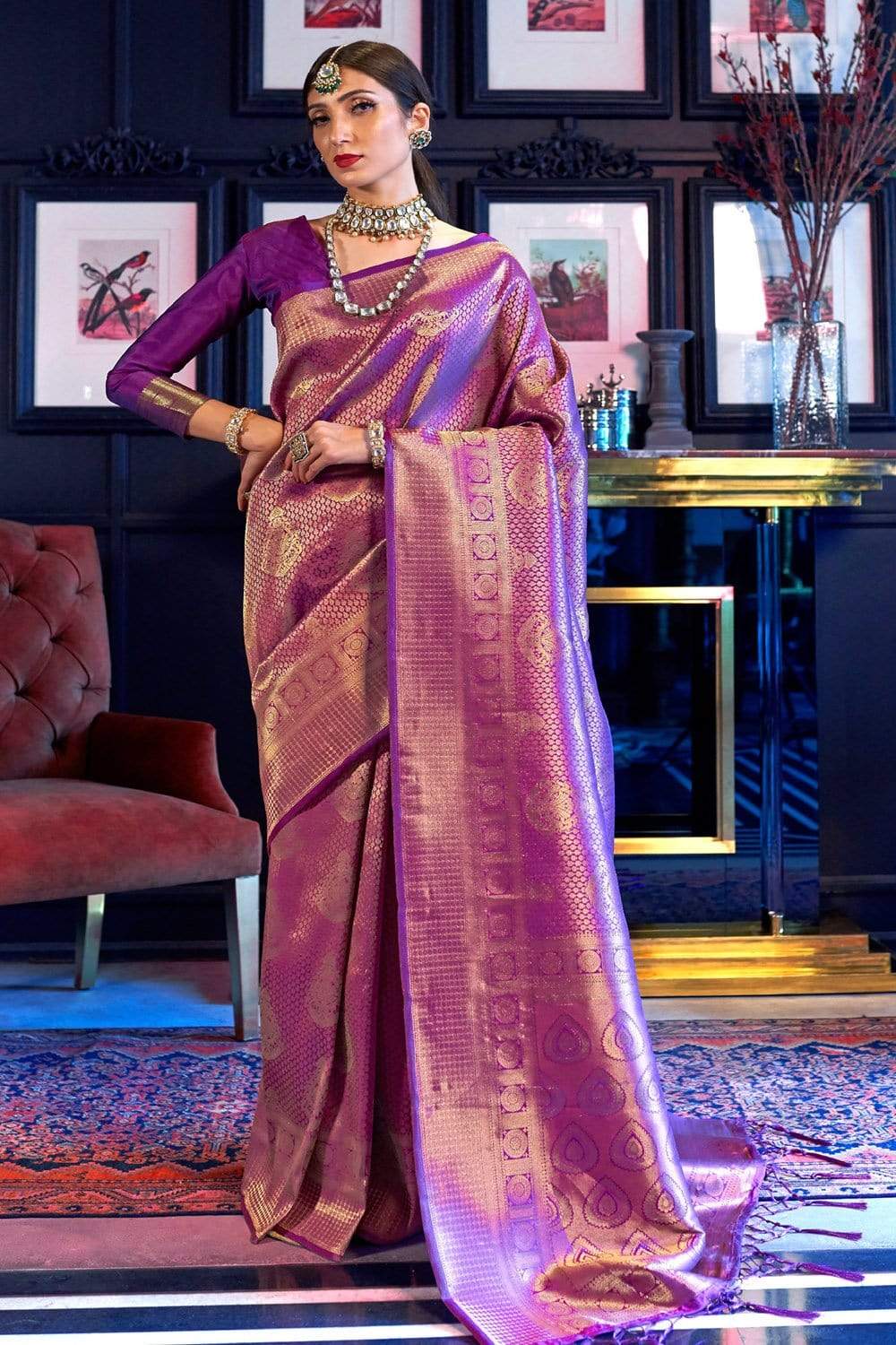 Purple color kanjivaram silk saree with zari weaving work