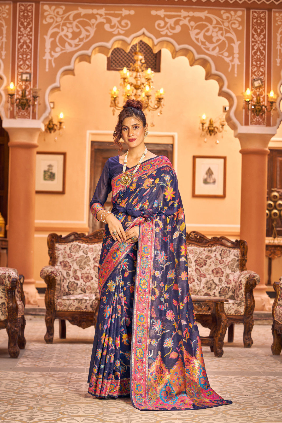 Navy blue color banarasi silk saree with woven design