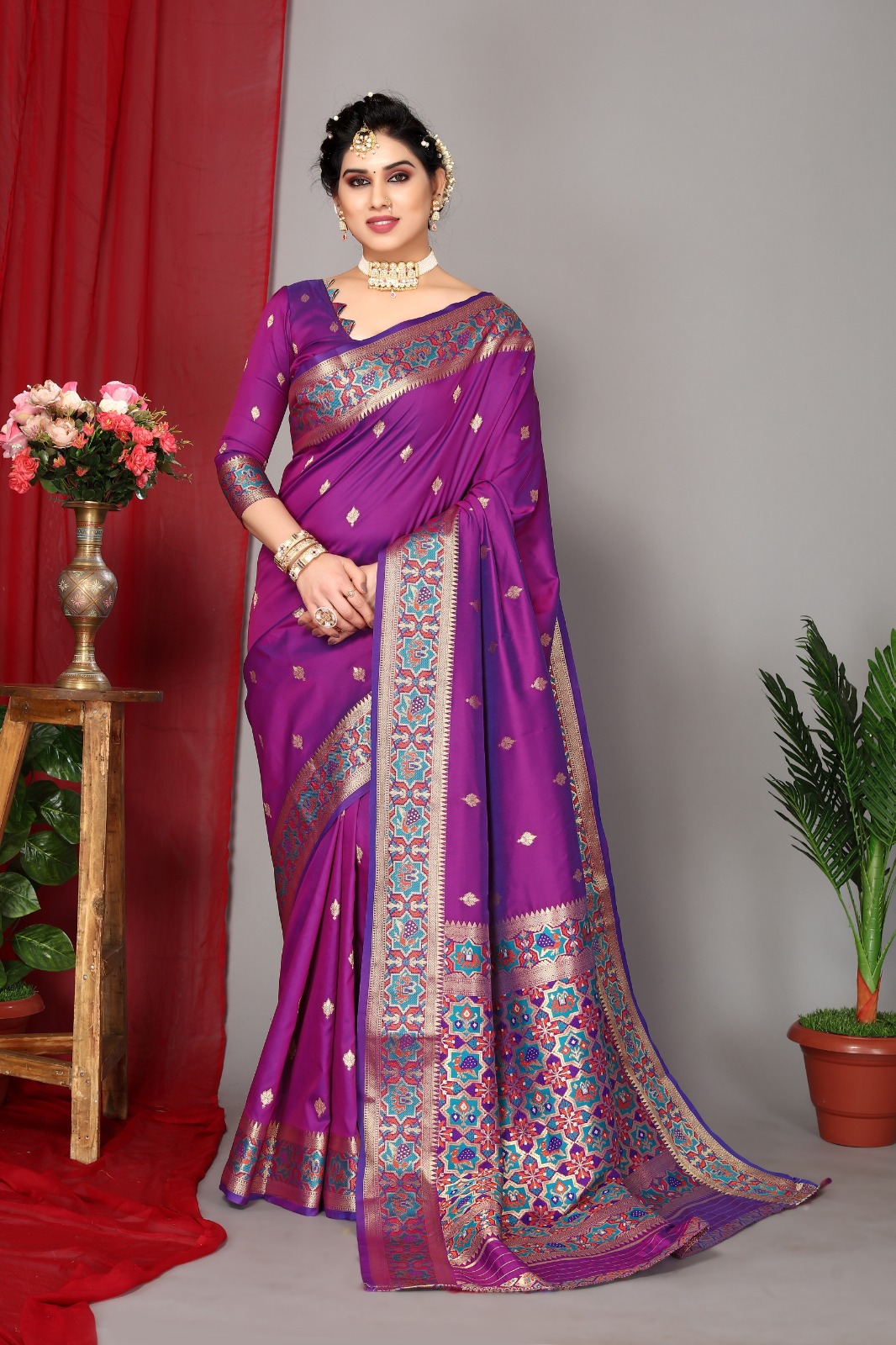 Purple color banarasi silk saree with zari weaving work