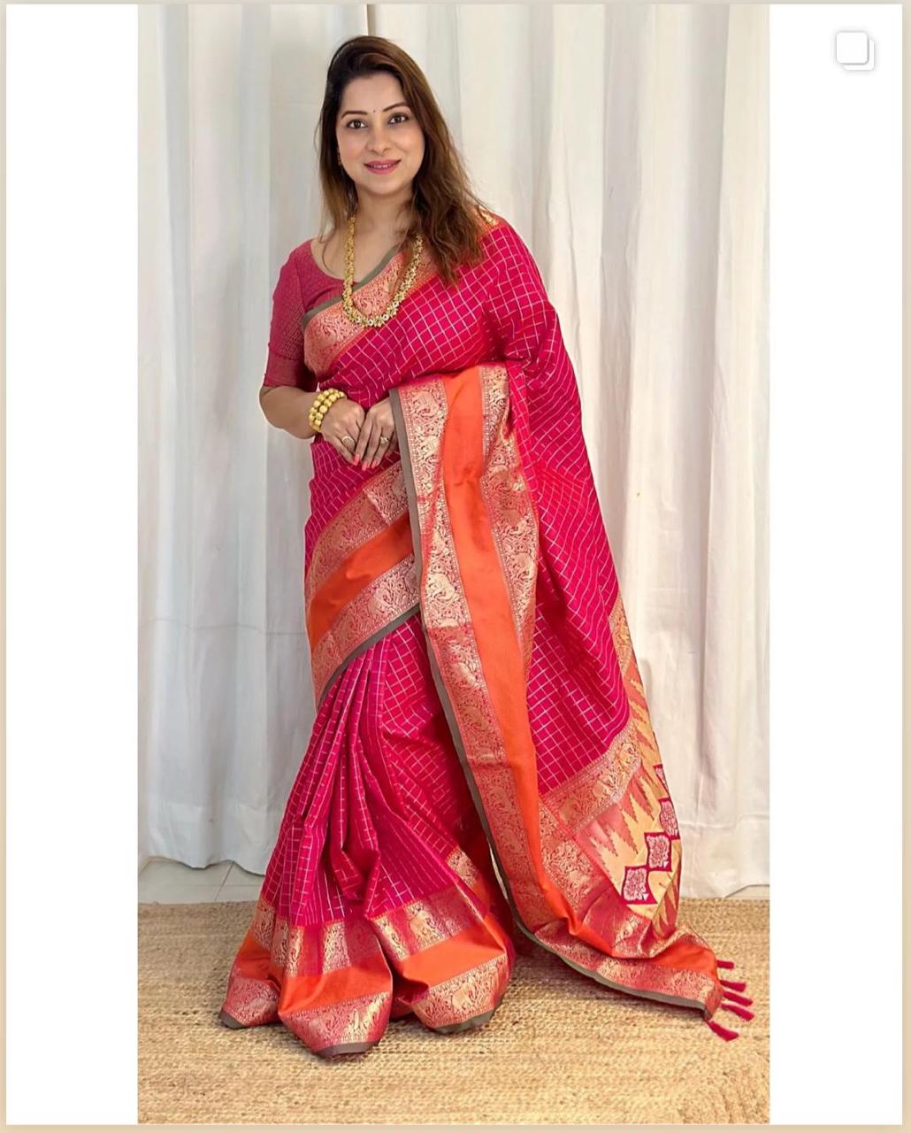 Pink color cotton silk saree with zari weaving work