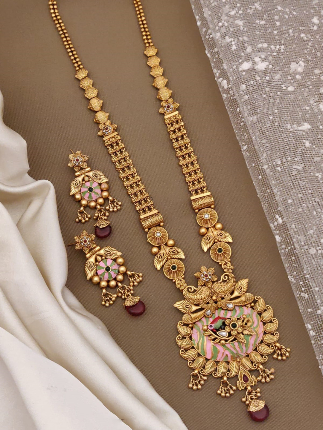 Brass Golden Rajwadi Long Chain Necklace Set