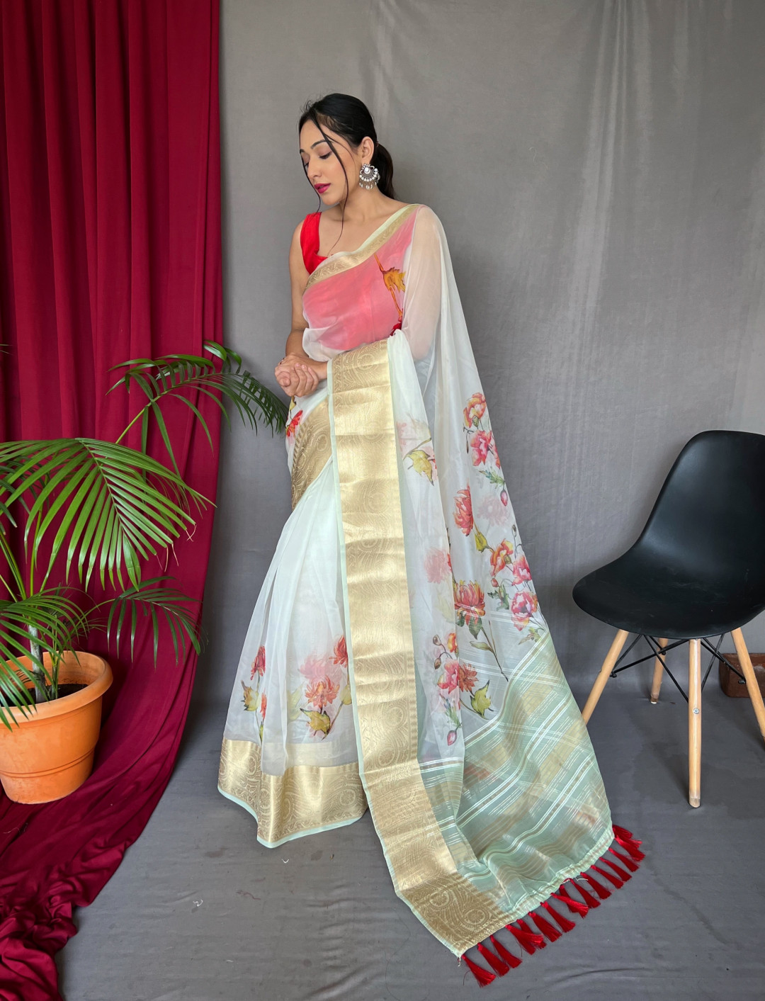 Pista green color soft organza silk saree with digital printed work