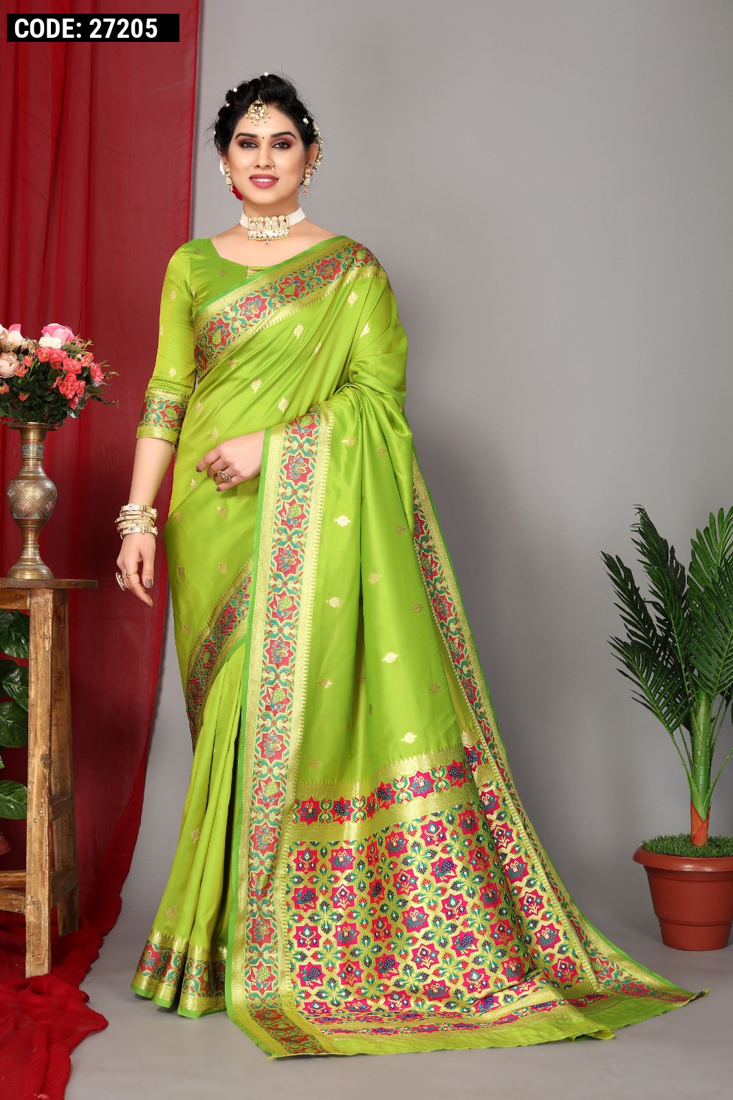 Parrot Green Banarasi Silk Woven Saree