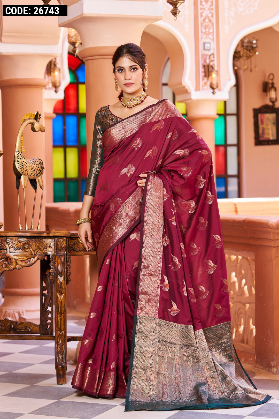 Silk Saree with blouse in Wine colour 9701