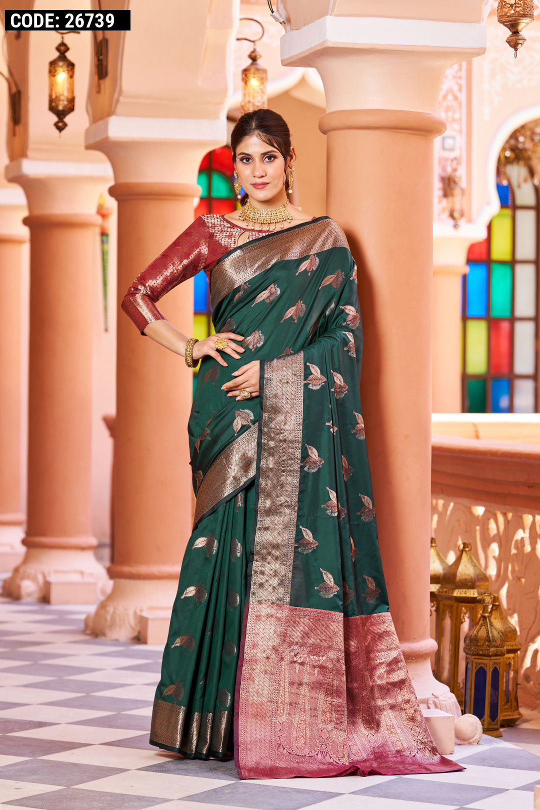 Pure mysore silk saree bottle green and royal blue with plain body and –  Prashanti Sarees