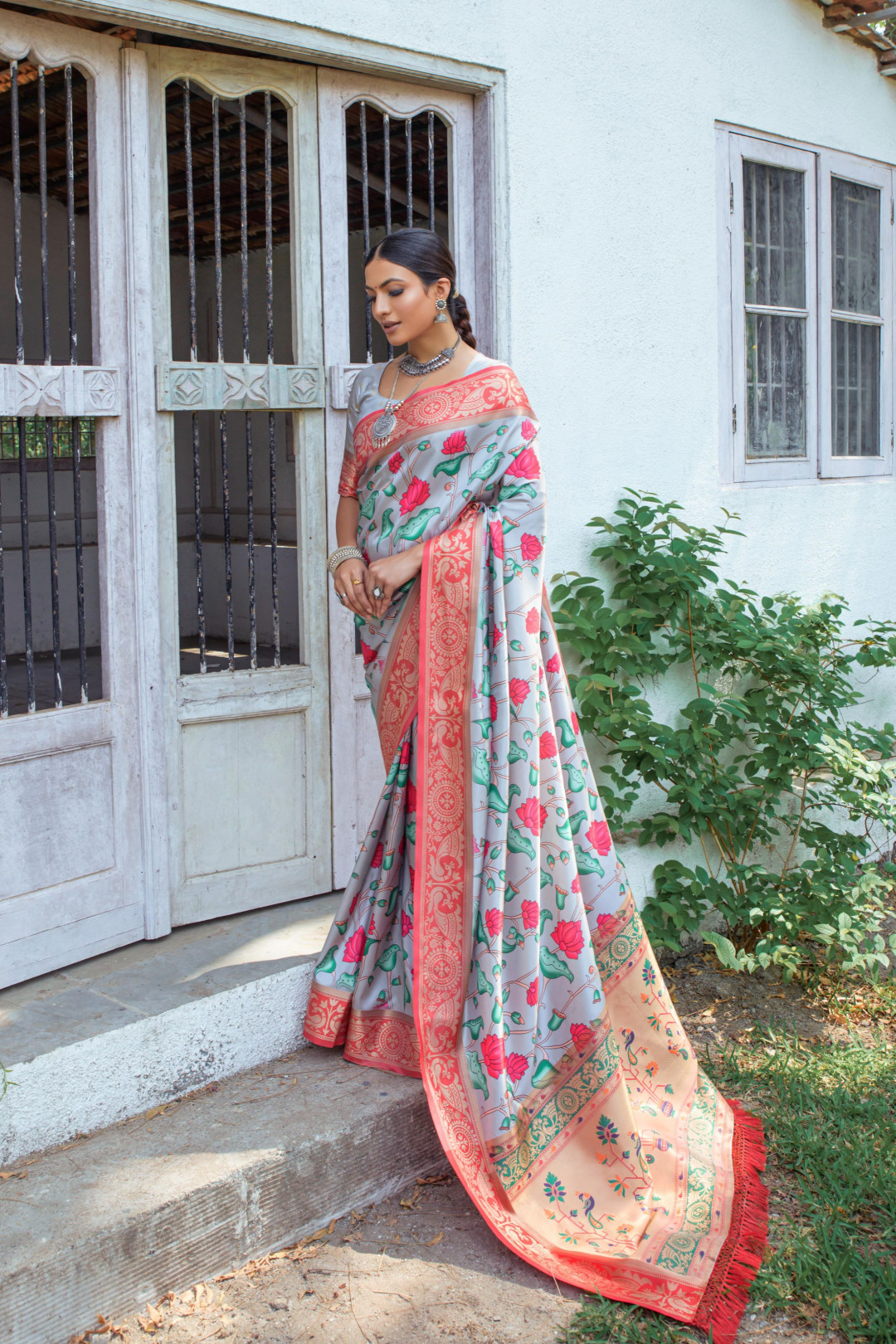 Gray color paithani silk saree with digital printed work