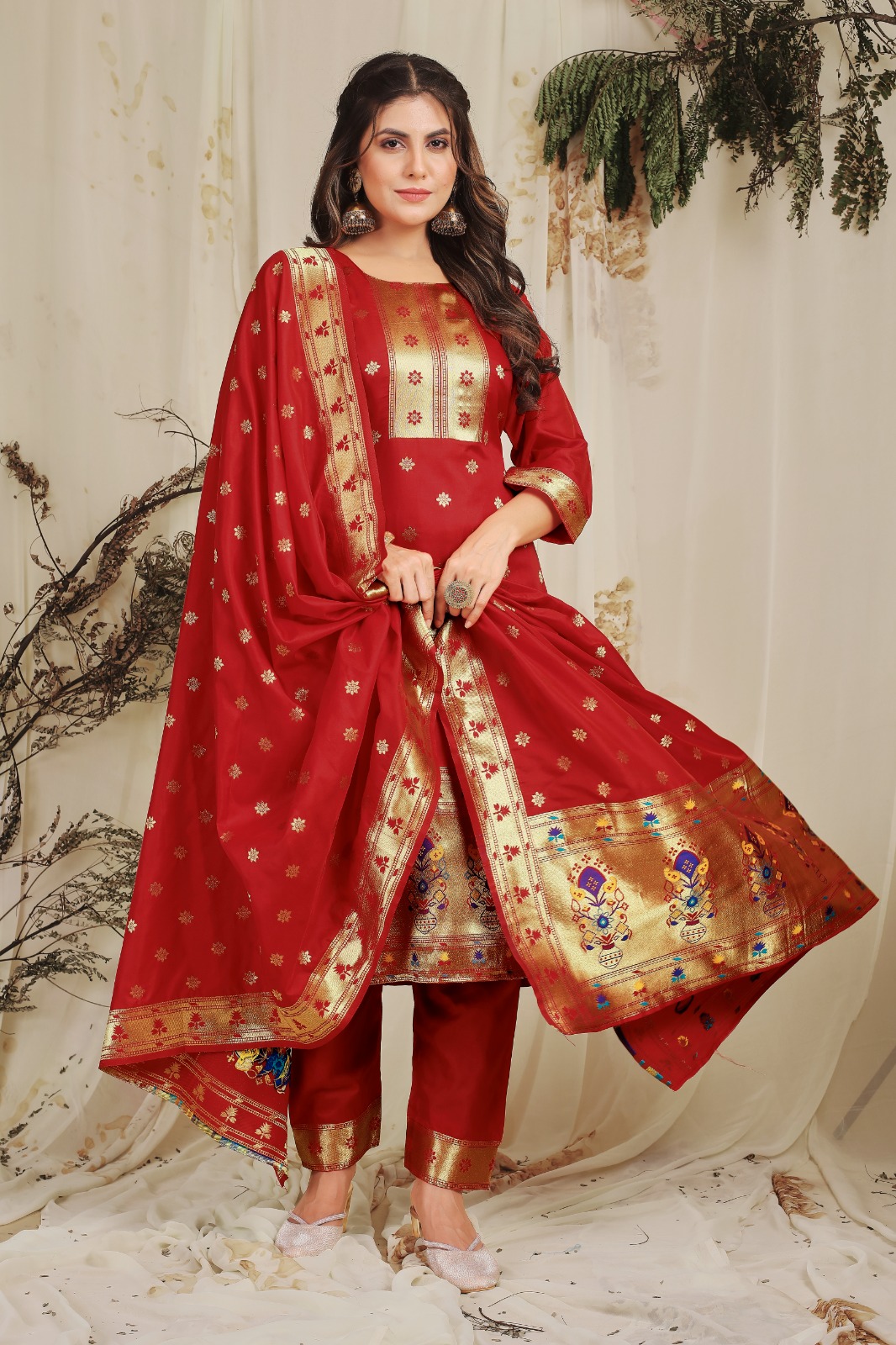 Paithani Skirt with bodice and peplum top - RedViolet main image 0