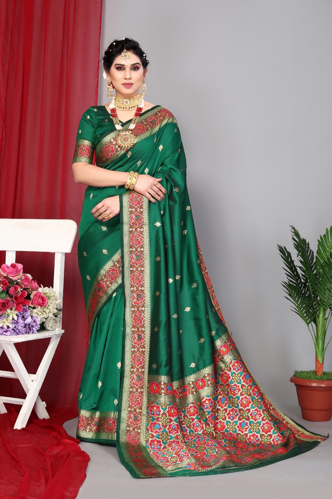 Green color banarasi silk saree with zari weaving work