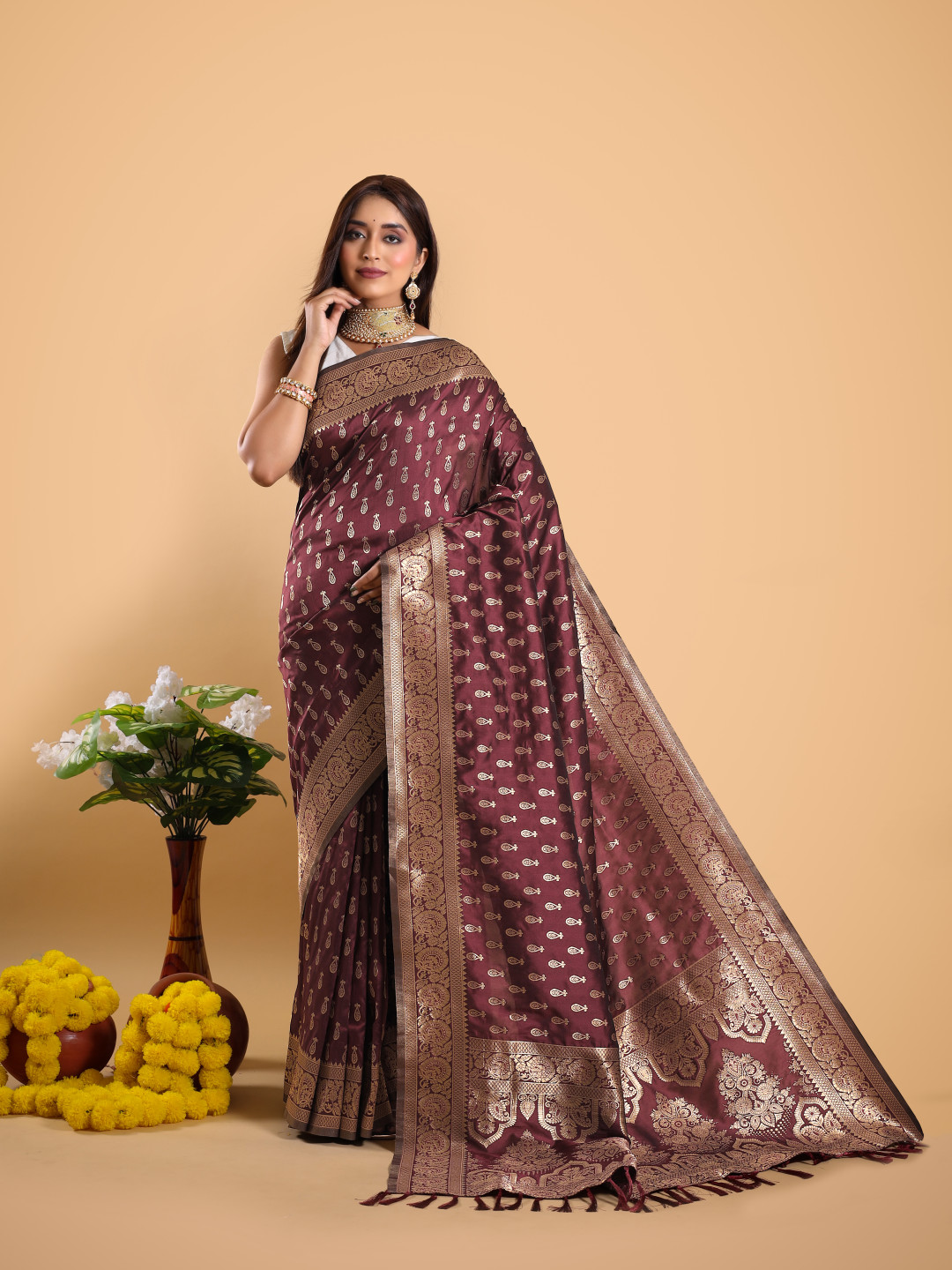 Maroon color banarasi silk saree with zari weaving work