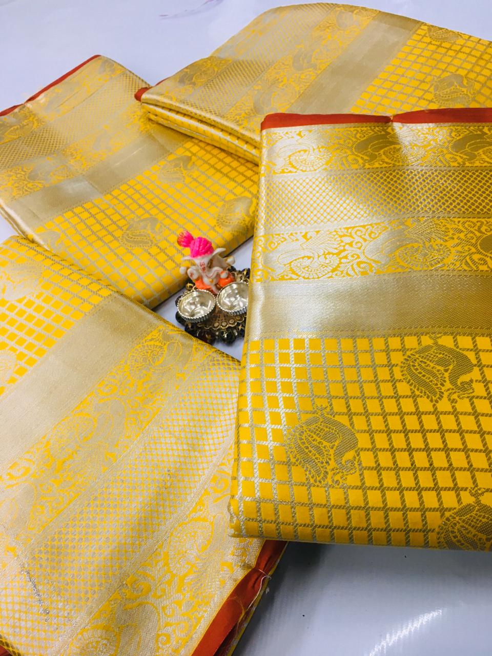 Yellow color Lichi silk Zari weaving work saree