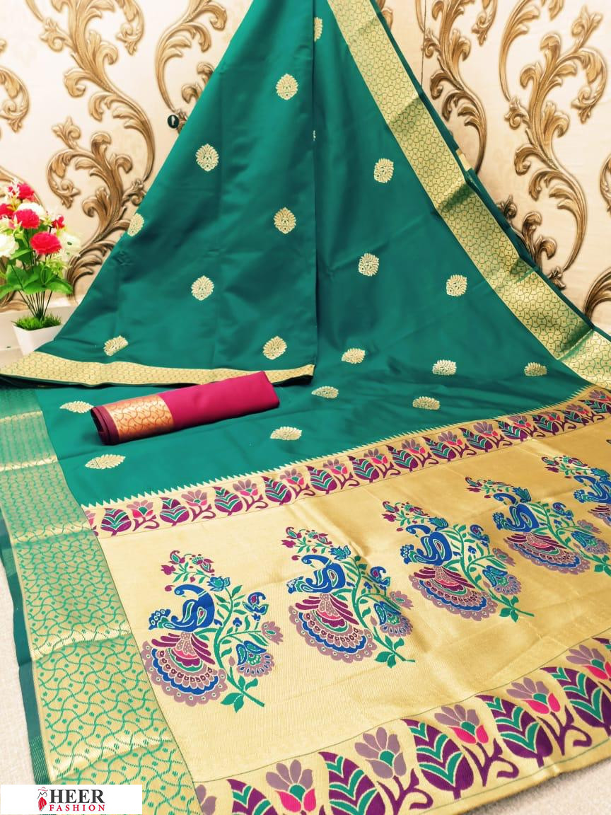 Rama green color Paithani Golden zari work saree