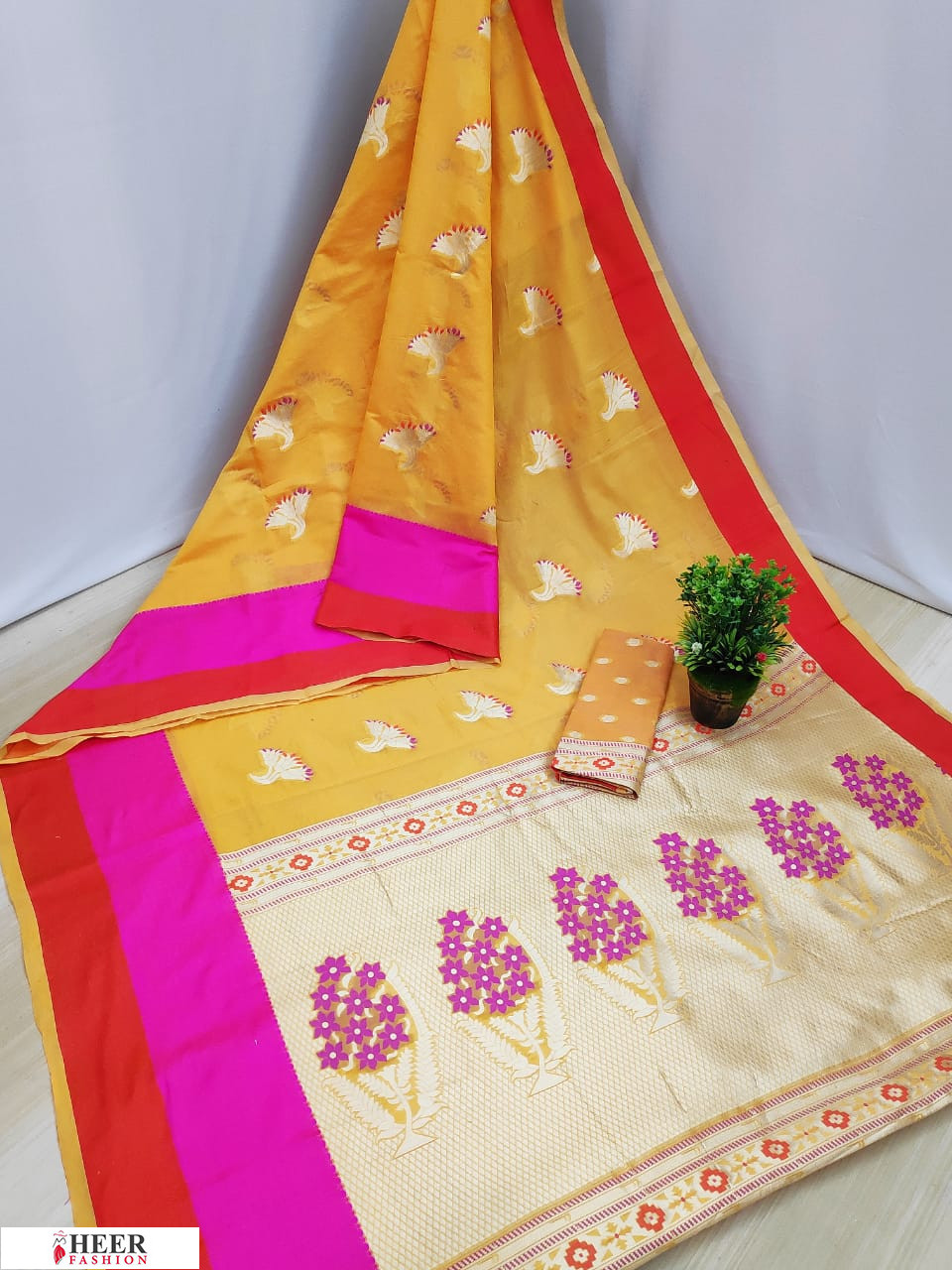 Yellow color soft cotton silk weaving work saree