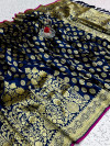 Navy blue color soft silk saree with golden zari work