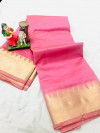 Pink color soft cotton saree with golden zari weaving border