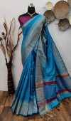 Firoji color raw silk weaving saree with temple woven border