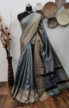 Gray color raw silk weaving saree with temple woven border