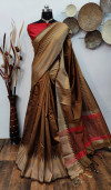 Brown color raw silk weaving saree with temple woven border