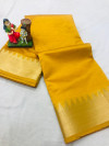 Yellow color soft cotton saree with golden zari weaving border