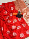 Red color soft lichi silk saree with zari woven work