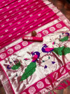Pink color paithani silk saree with silver zari weaving work