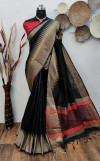 Black color raw silk weaving saree with temple woven border