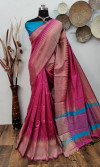 Rani pink color raw silk weaving saree with temple woven border