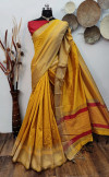 Mustard yellow color raw silk weaving saree with temple woven border