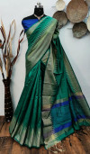 Green color raw silk weaving saree with temple woven border