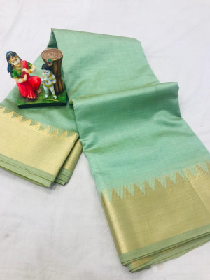 Green color soft cotton saree with golden zari weaving border