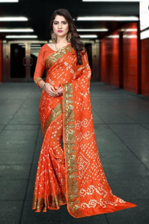 Orange color soft bandhani saree with hand bandhej print