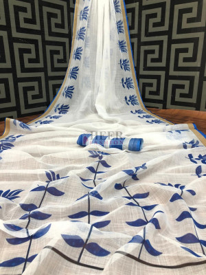 White color linen saree with kalamkari pallu & golden border