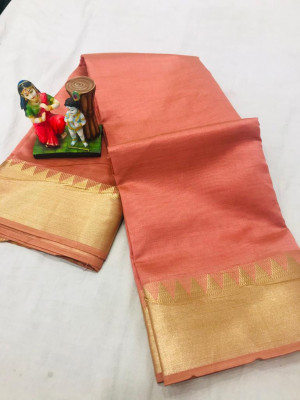 Peach color soft cotton saree with golden zari weaving border