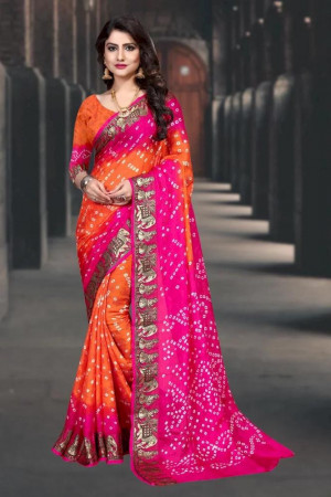 Multi color art silk bandhani saree with zari weaving border