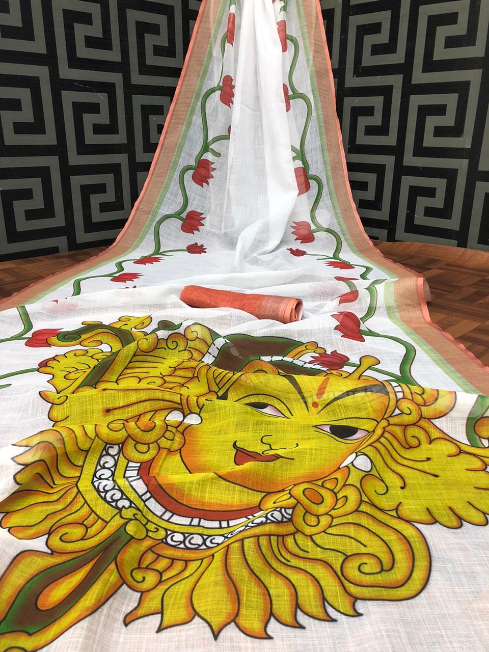 White color linen saree with kalamkari pallu & golden border