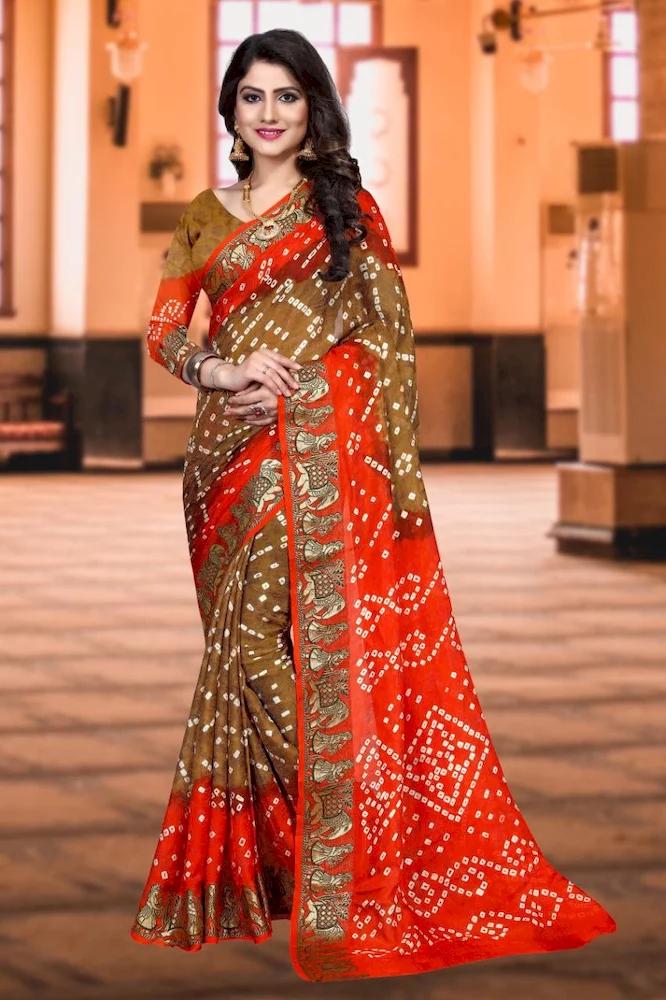 Multi color art silk bandhani saree with zari weaving border