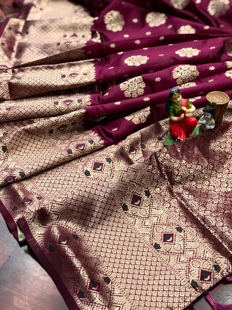 Wine color soft banarasi saree with weaving golden zari border