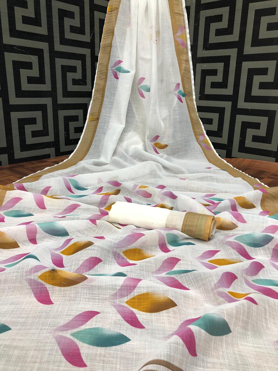 White color linen saree with kalamkari pallu & golden border
